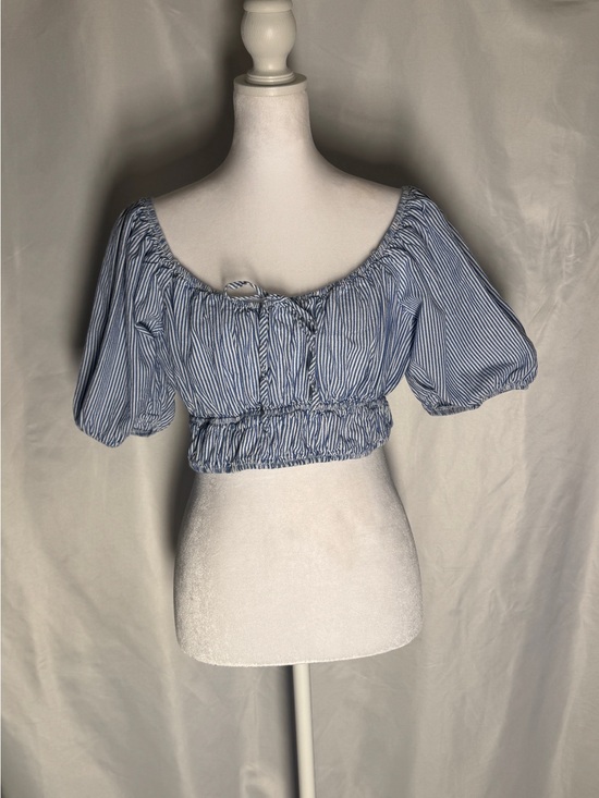 Live 4 Truth Tops - Live 4 Truth Blue and White Striped Puff Sleeve Crop Top